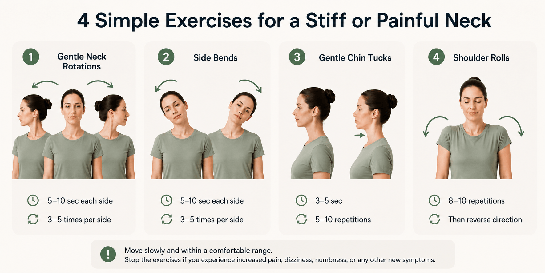 Illustration of simple exercises for a stiff or painful neck