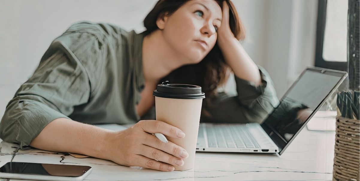 Illustrasjon av person som er sliten etter mye skjermtid og koffein