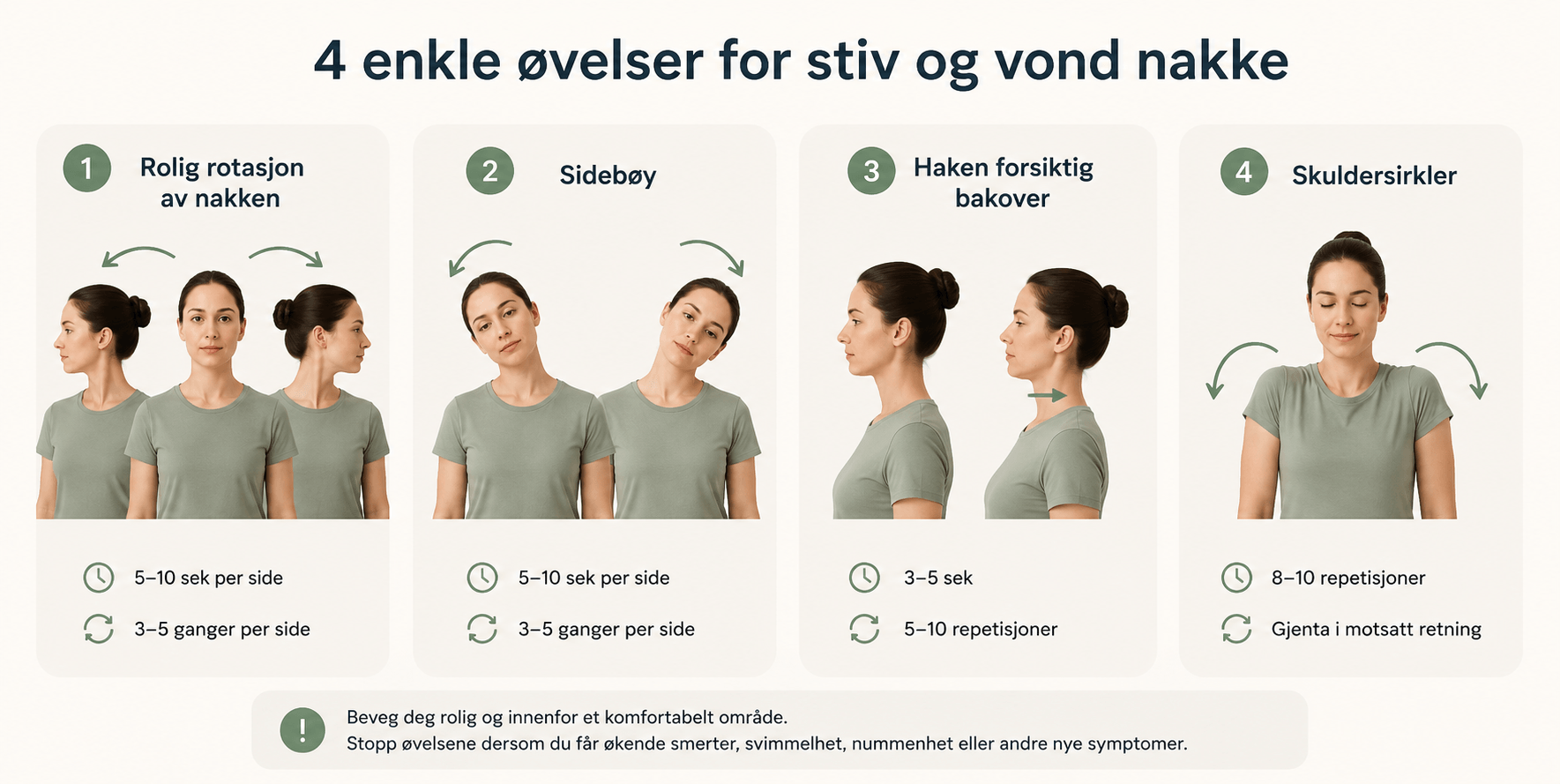 Illustrasjon av enkle øvelser for vond og stiv nakke