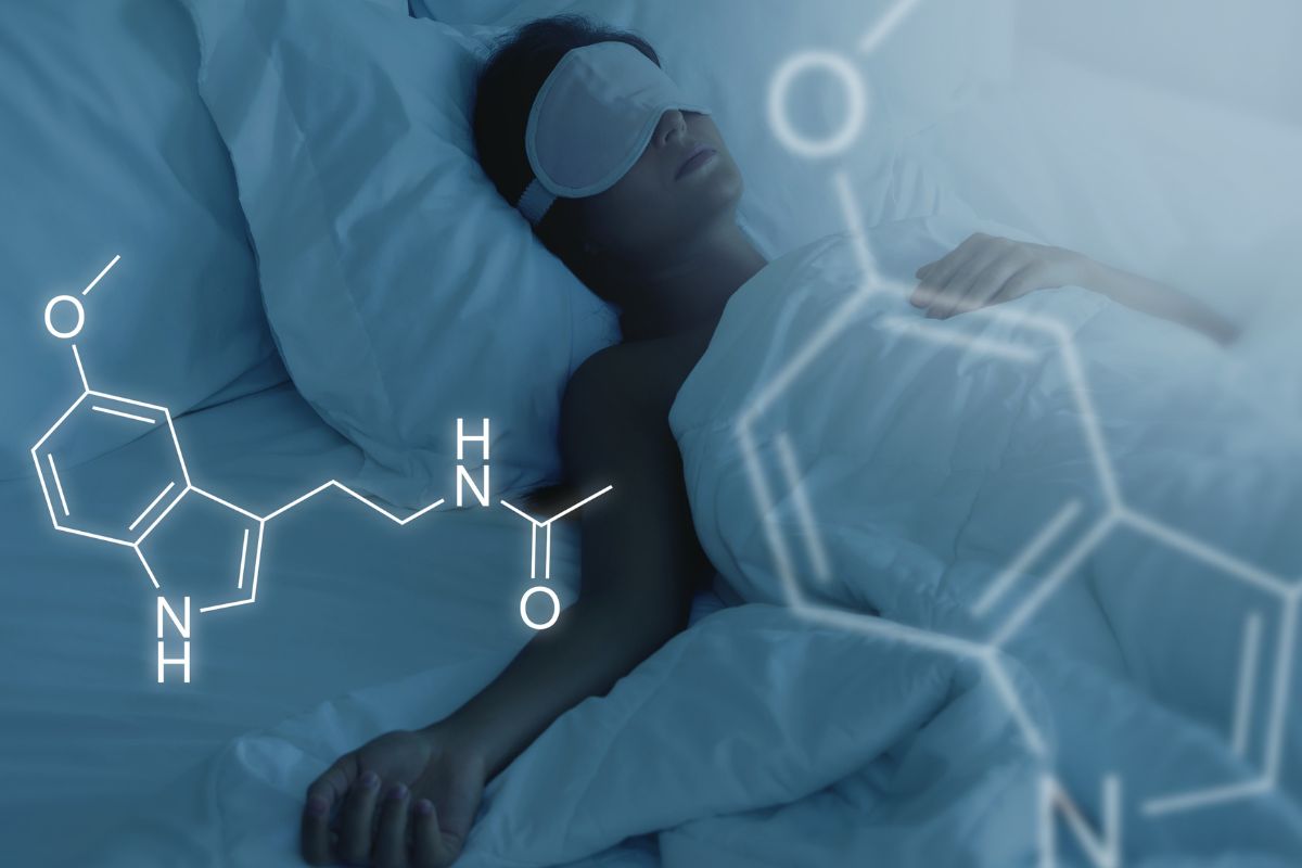 a person can be seen in bed sleeping, with the melatonin formula superimposed above